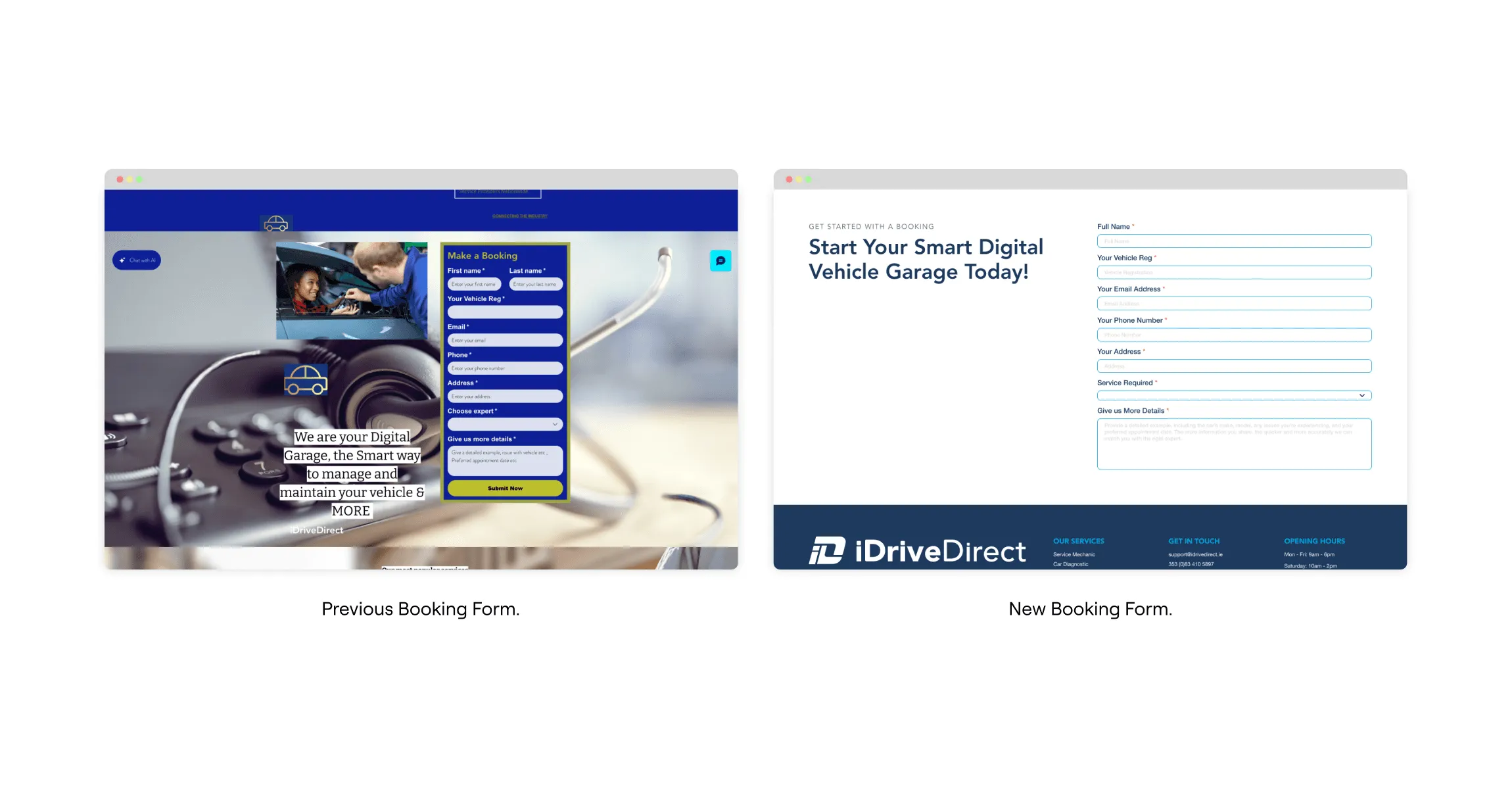 The previous booking form next to the new booking form