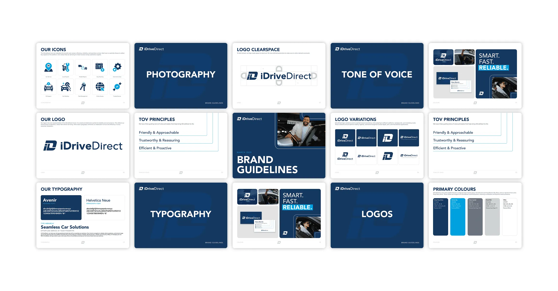 Pages from the iDriveDirect brand guidelines covering icons, logo, typography, tone of voice, photography and colours