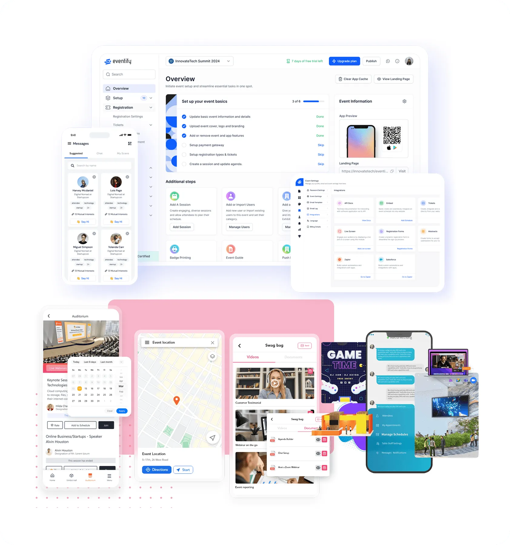 Dashboard and mobile screens from competing event apps