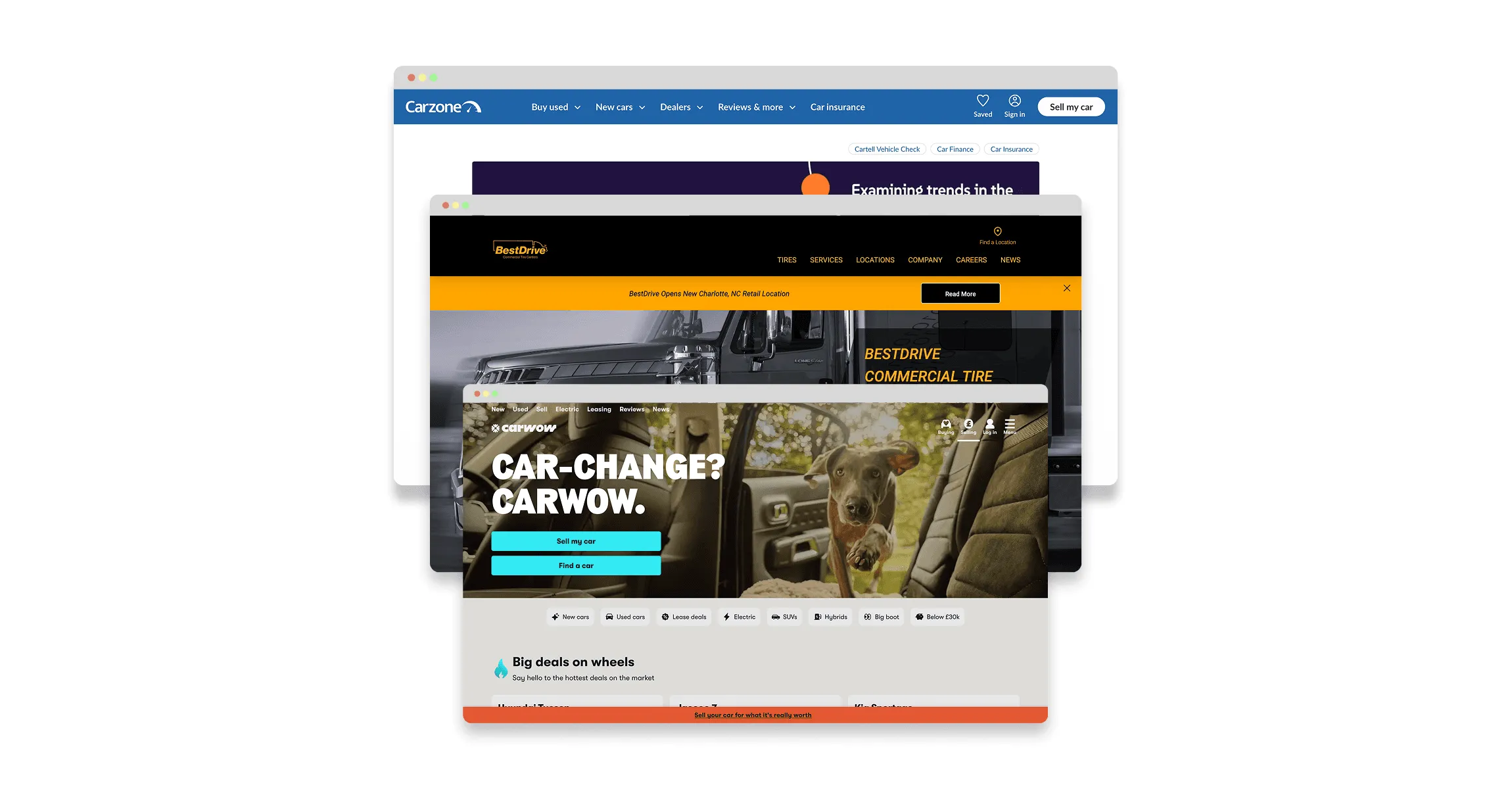 Homepages of competitor sites Carzone, BestDrive and Carwow