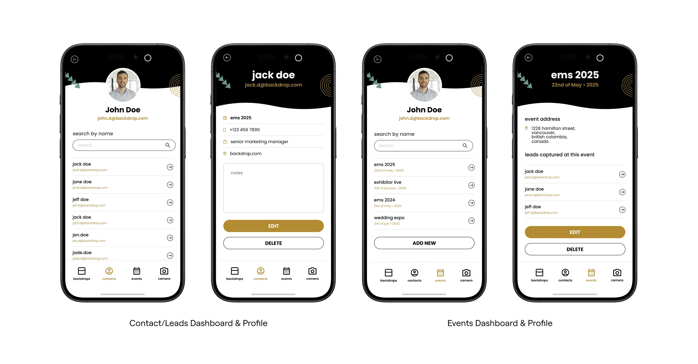 Contact, lead and event dashboard screens