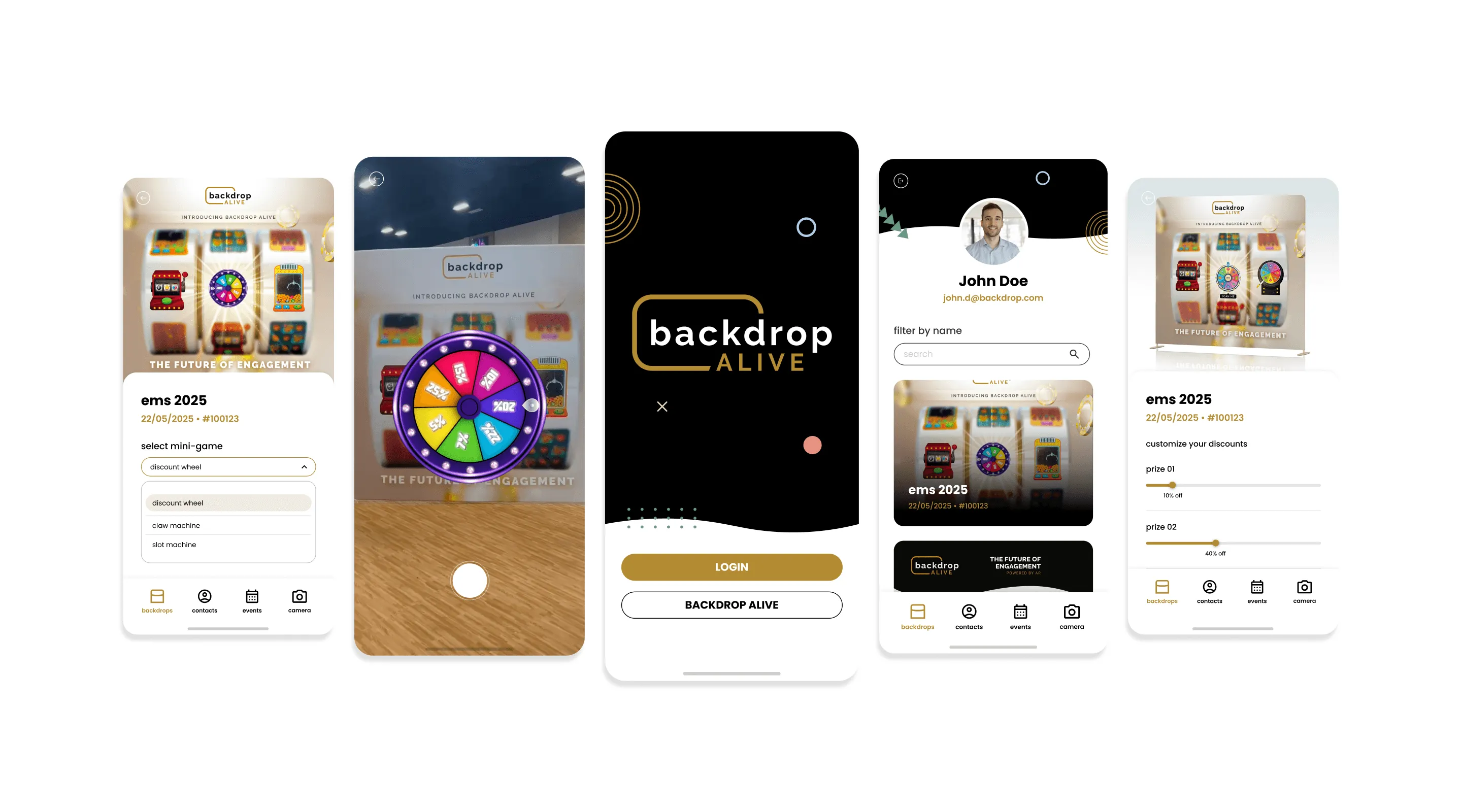 Backdrop Alive app screens, including the AR prize wheel, login and account pages