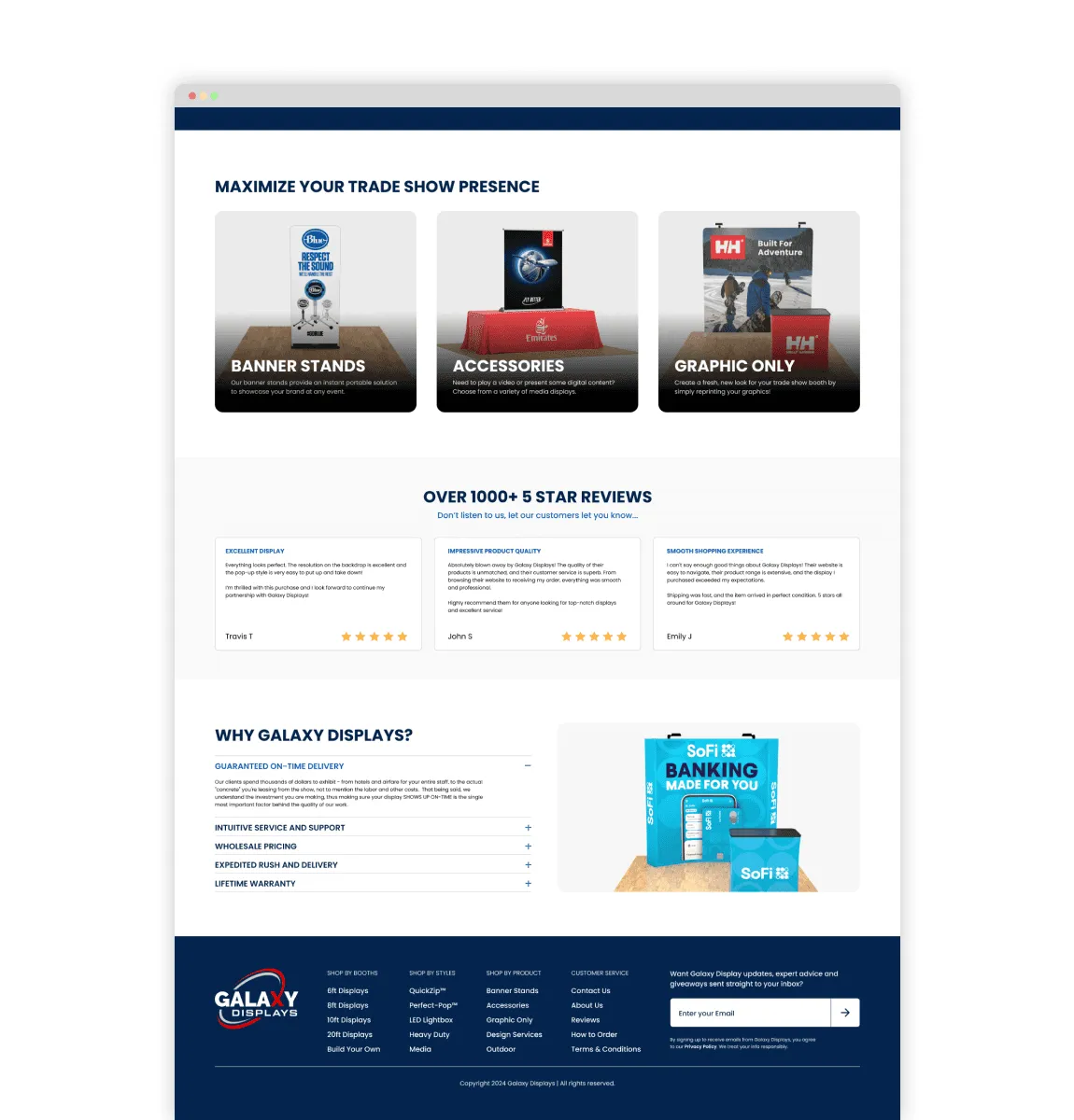 Lower part of the redesigned homepage with reviews and footer