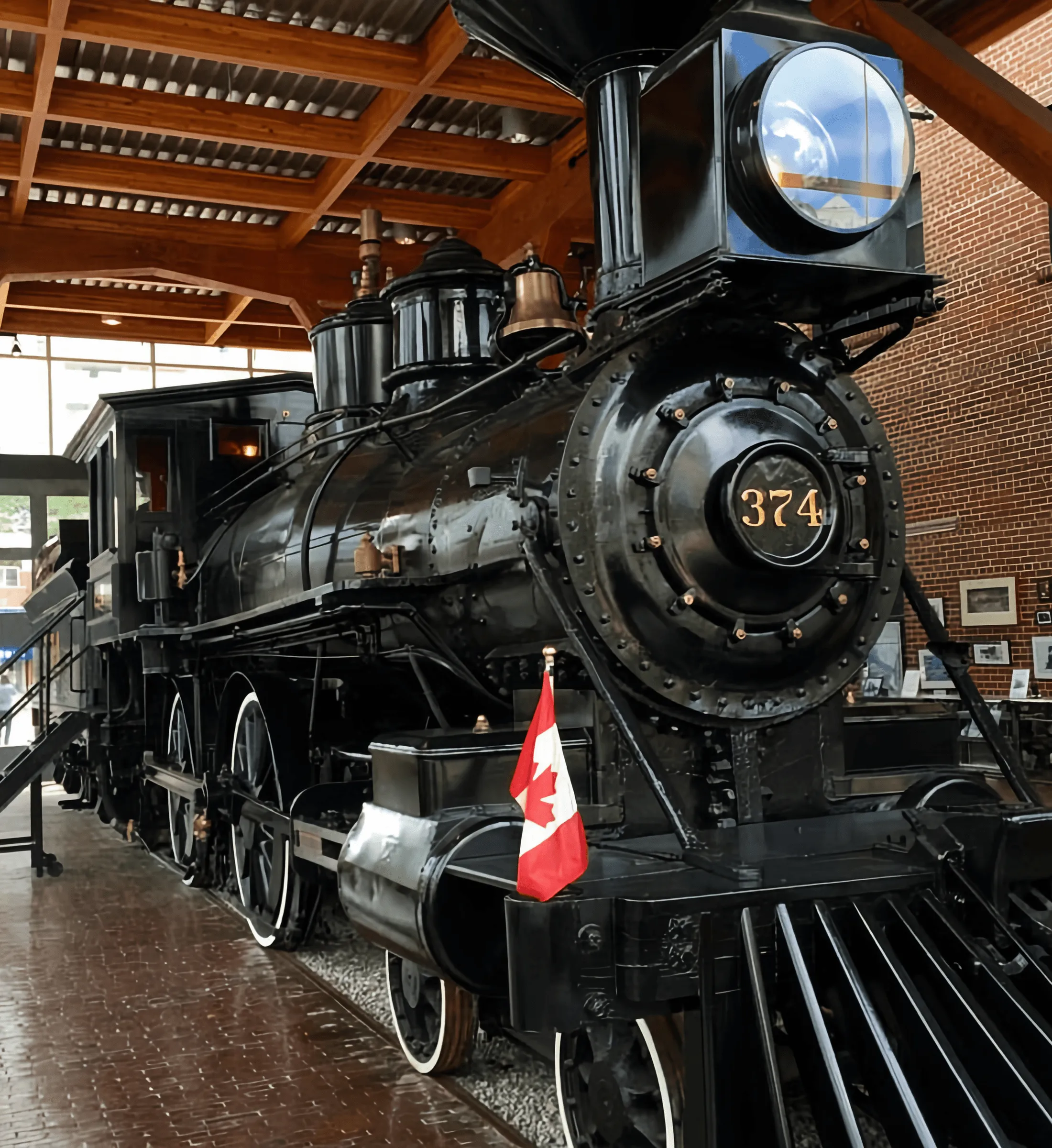 Locomotive 374 on display inside the roundhouse