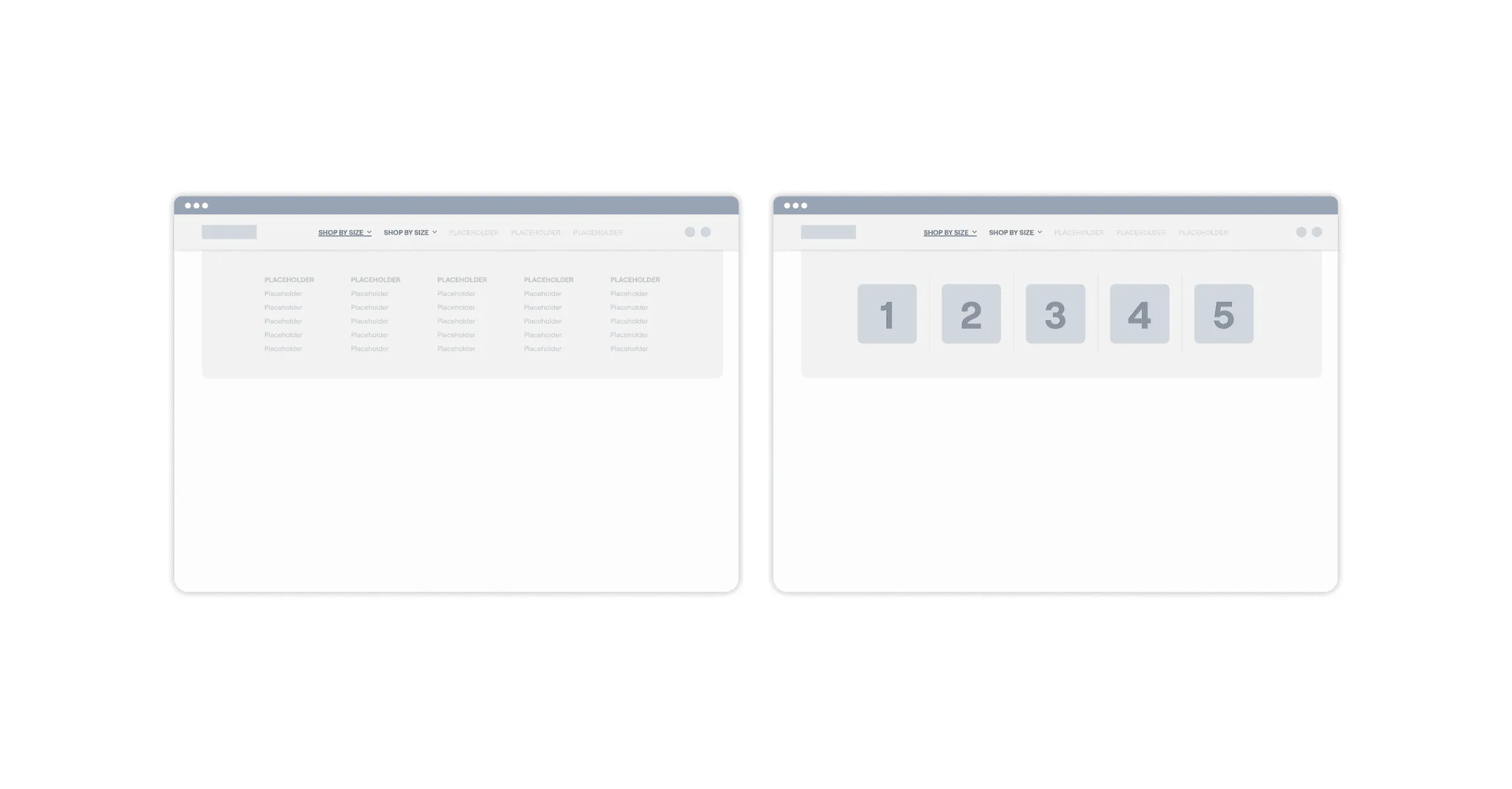 Wireframes exploring Shop by Style and Shop by Size navigation
