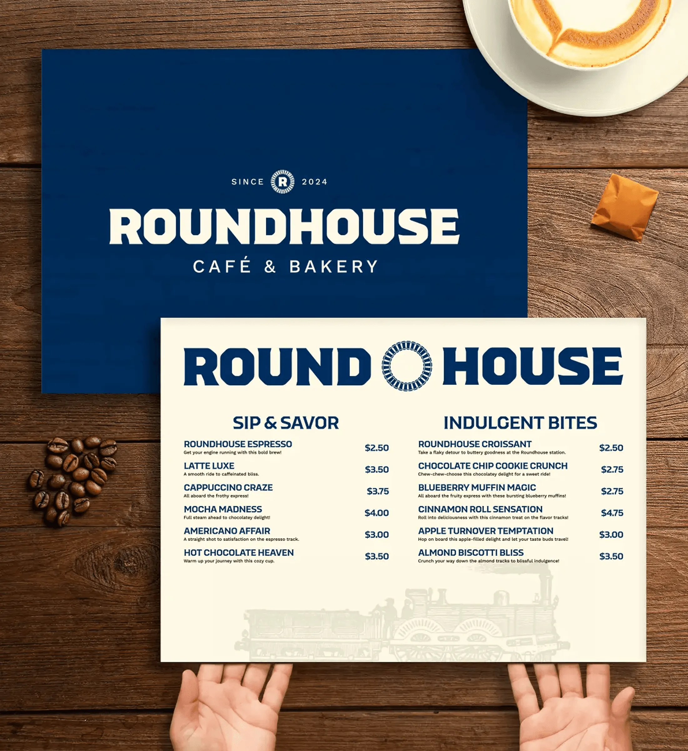 Roundhouse menu and business card on a wooden table