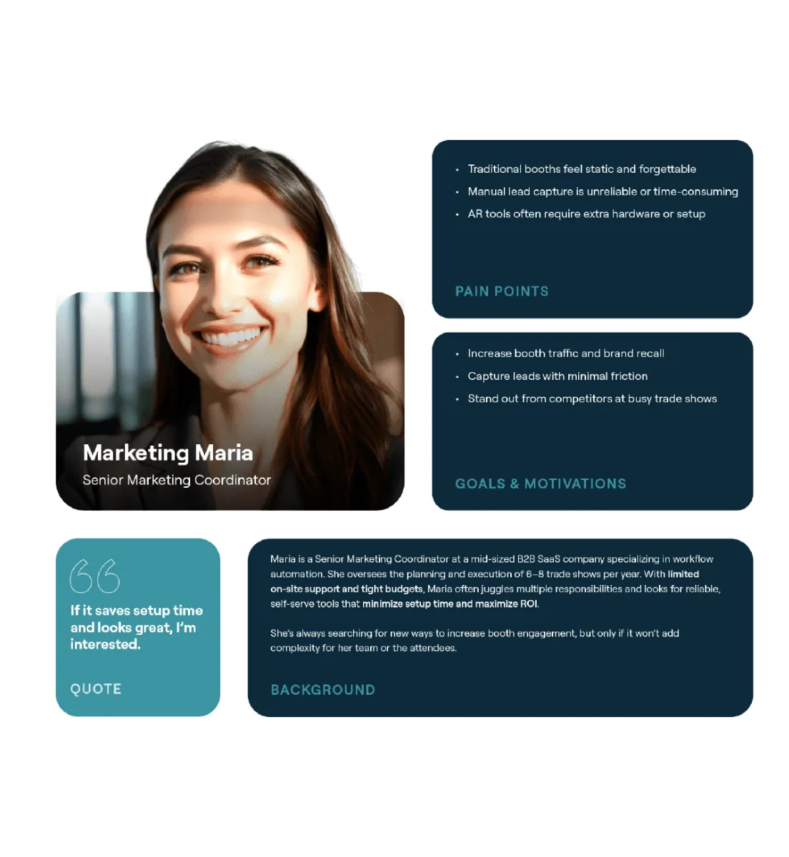 Persona card for Marketing Maria, a senior marketing coordinator exhibiting at trade shows