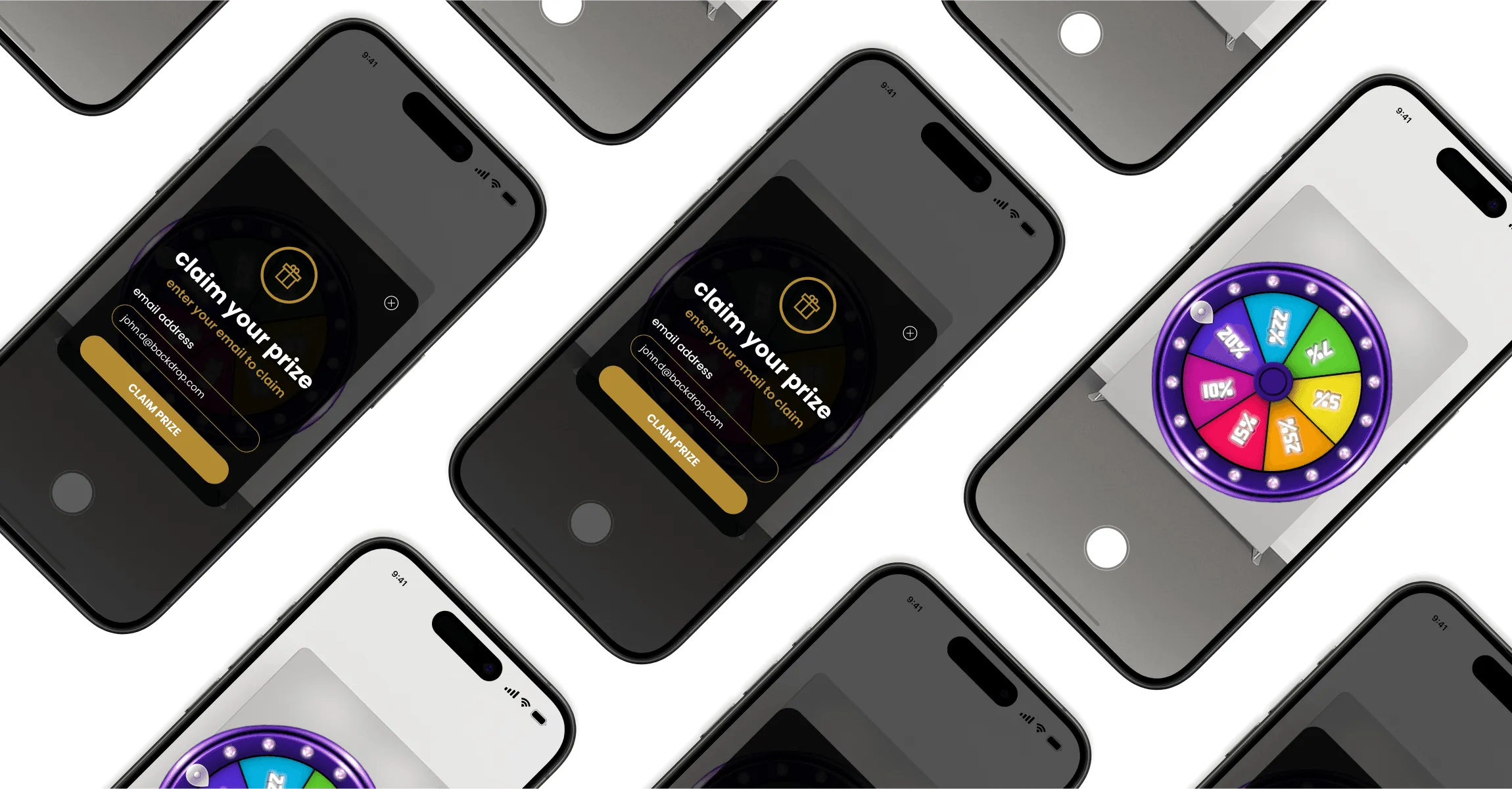Phones showing the claim your prize and prize wheel screens