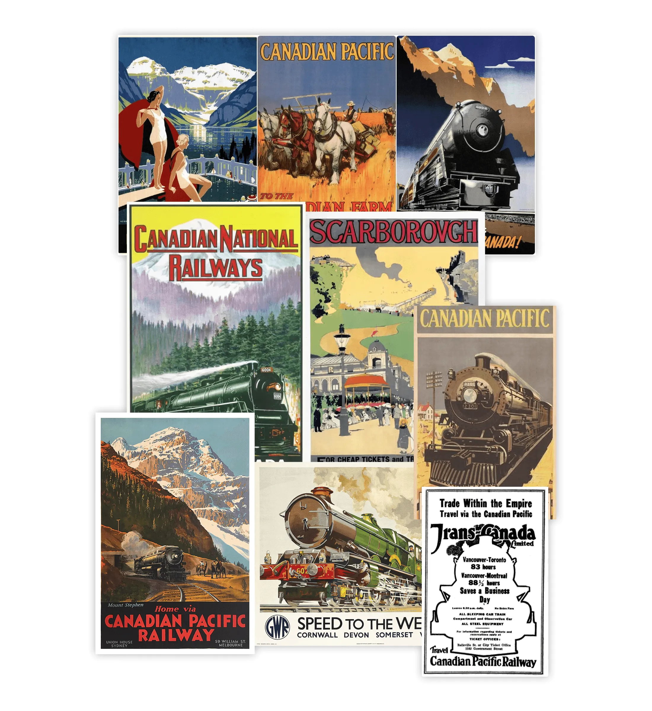 Collage of vintage Canadian railway travel posters