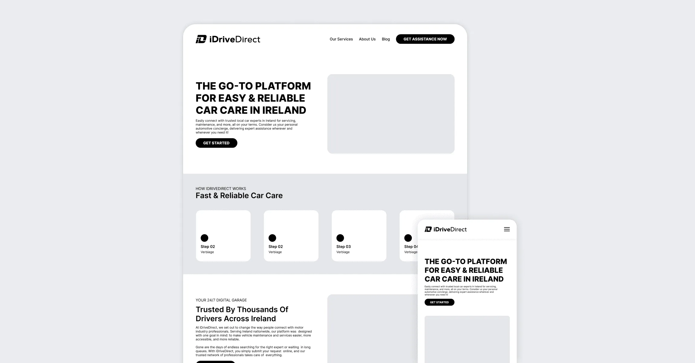 High-fidelity wireframes of the iDriveDirect homepage on desktop and mobile